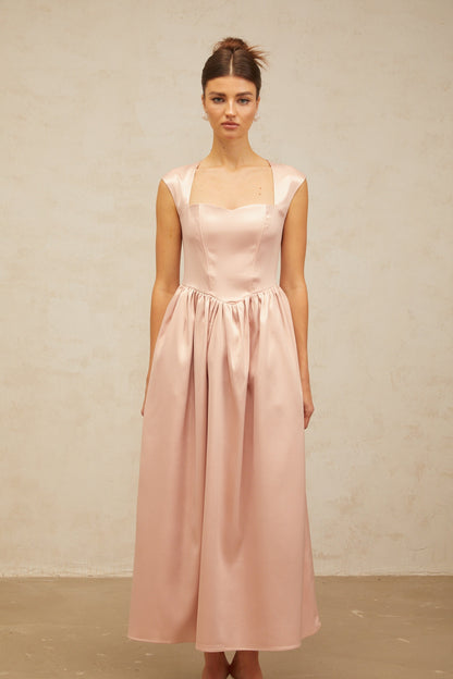 Madeleine A Kesim Saten Midi Elbise Pembe