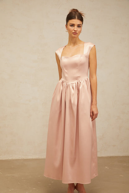 Madeleine A Kesim Saten Midi Elbise Pembe