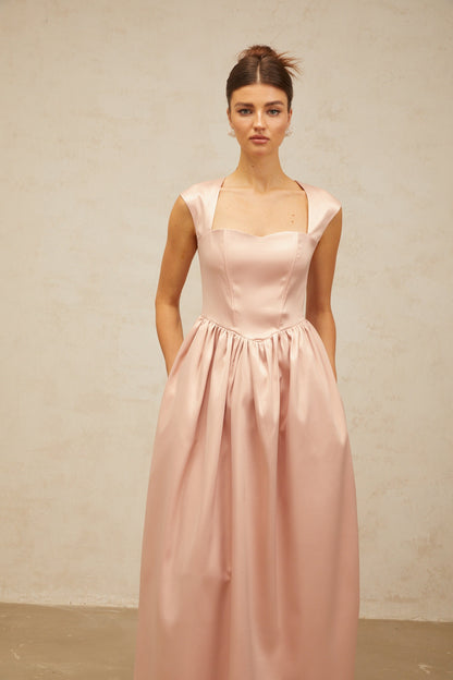 Madeleine A Kesim Saten Midi Elbise Pembe