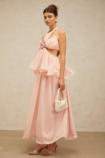 Danaé Çiçek Aplikeli Cut-Out Maxi Elbise Pembe