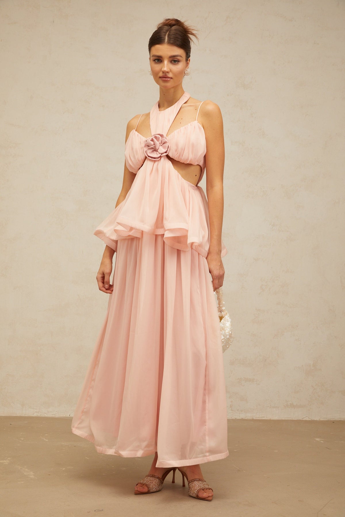 Danaé Çiçek Aplikeli Cut-Out Maxi Elbise Pembe