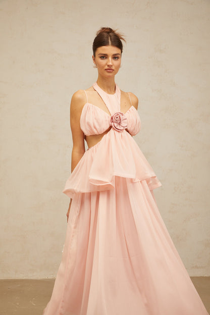 Danaé Çiçek Aplikeli Cut-Out Maxi Elbise Pembe