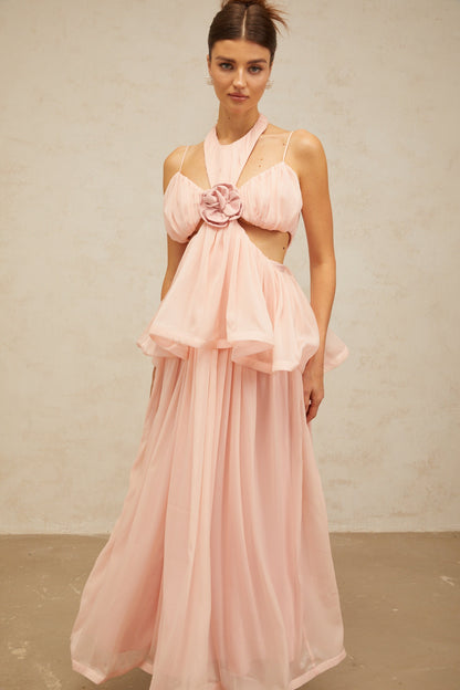 Danaé Çiçek Aplikeli Cut-Out Maxi Elbise Pembe