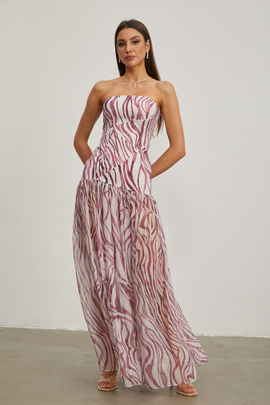 Giselle Rose Zebra Desenli Askısız Maxi Elbise