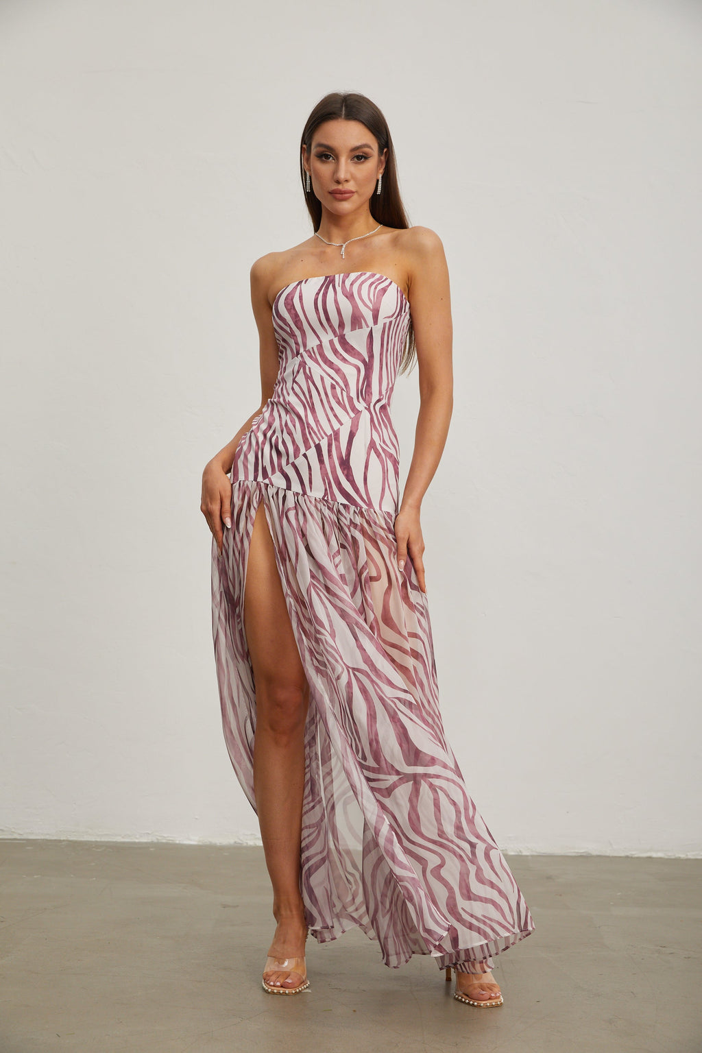 Giselle Rose Zebra Desenli Askısız Maxi Elbise