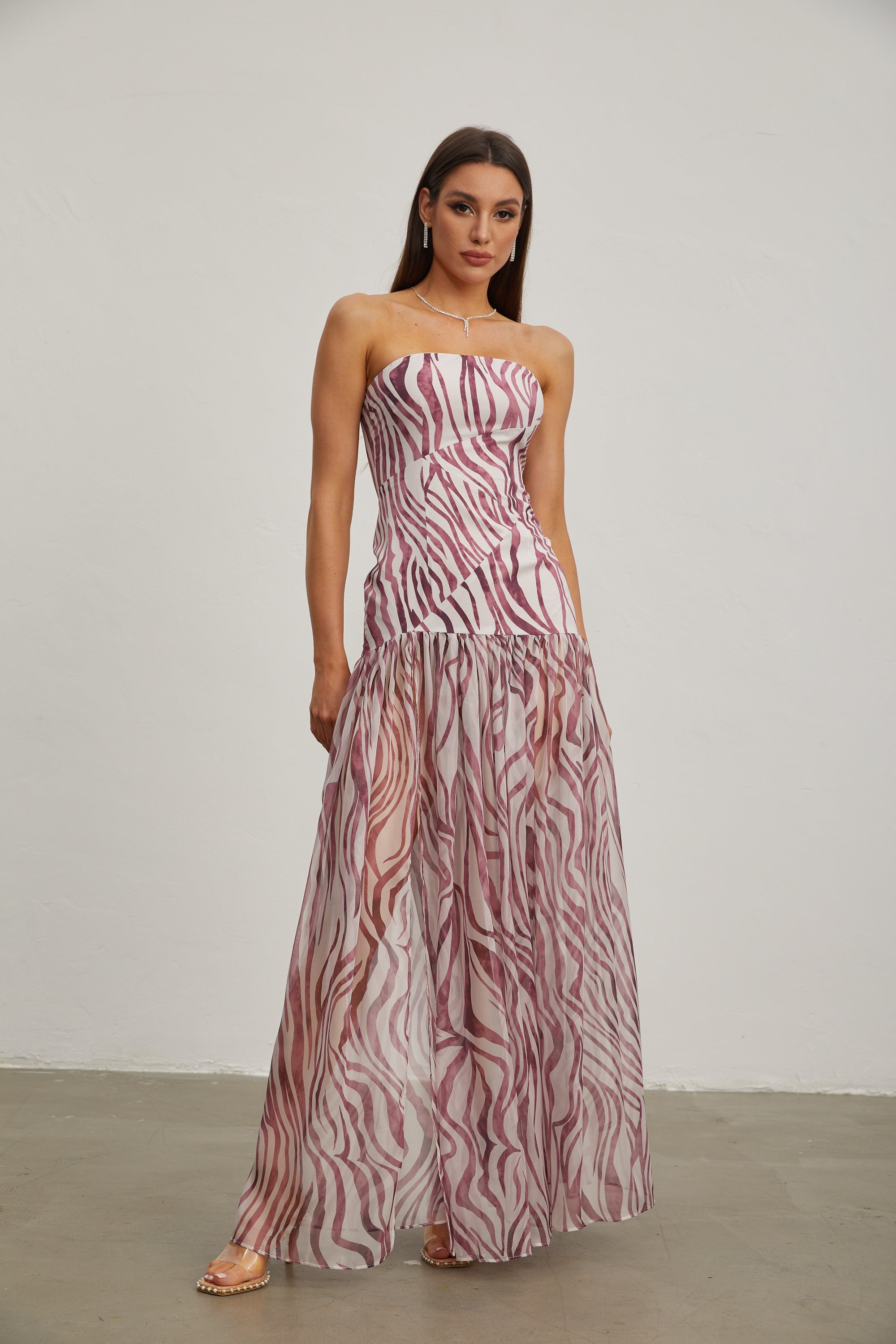 Giselle Rose Zebra Desenli Askısız Maxi Elbise