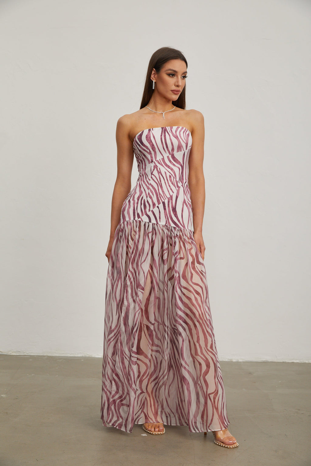 Giselle Rose Zebra Desenli Askısız Maxi Elbise