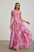 Eulalie Pembe Yaprak Volanlı Halter Maxi Elbise