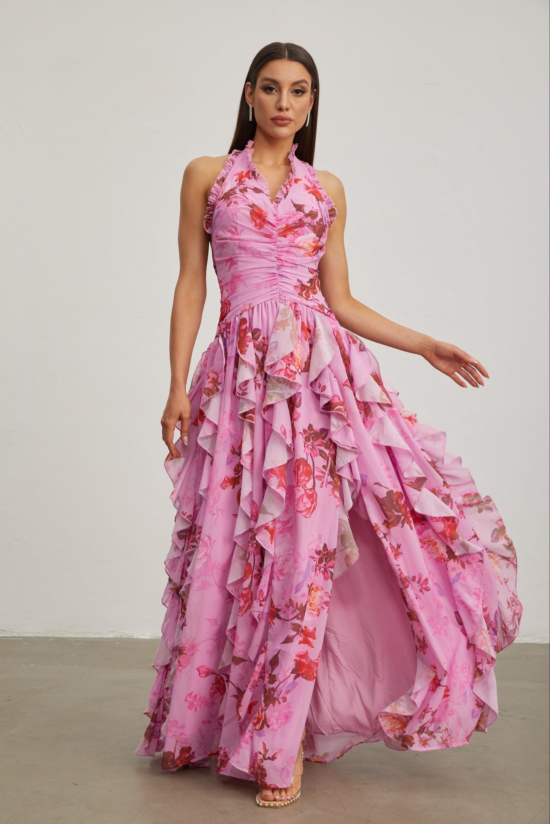 Eulalie Pembe Yaprak Volanlı Halter Maxi Elbise