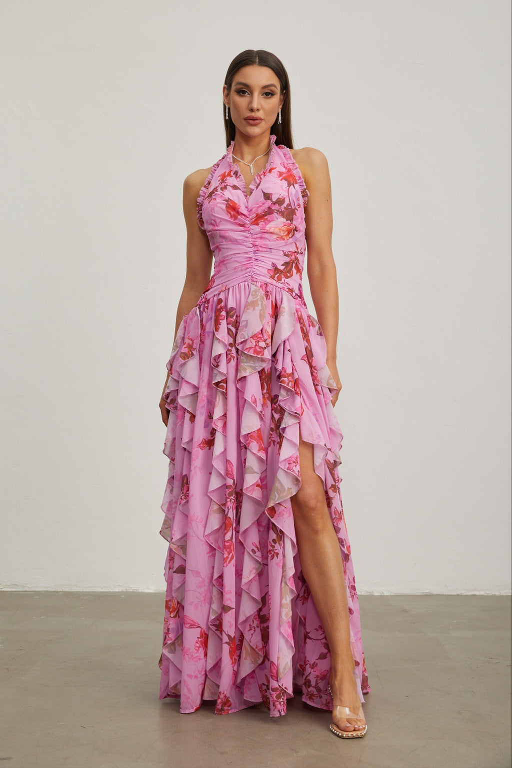 Eulalie Pembe Yaprak Volanlı Halter Maxi Elbise