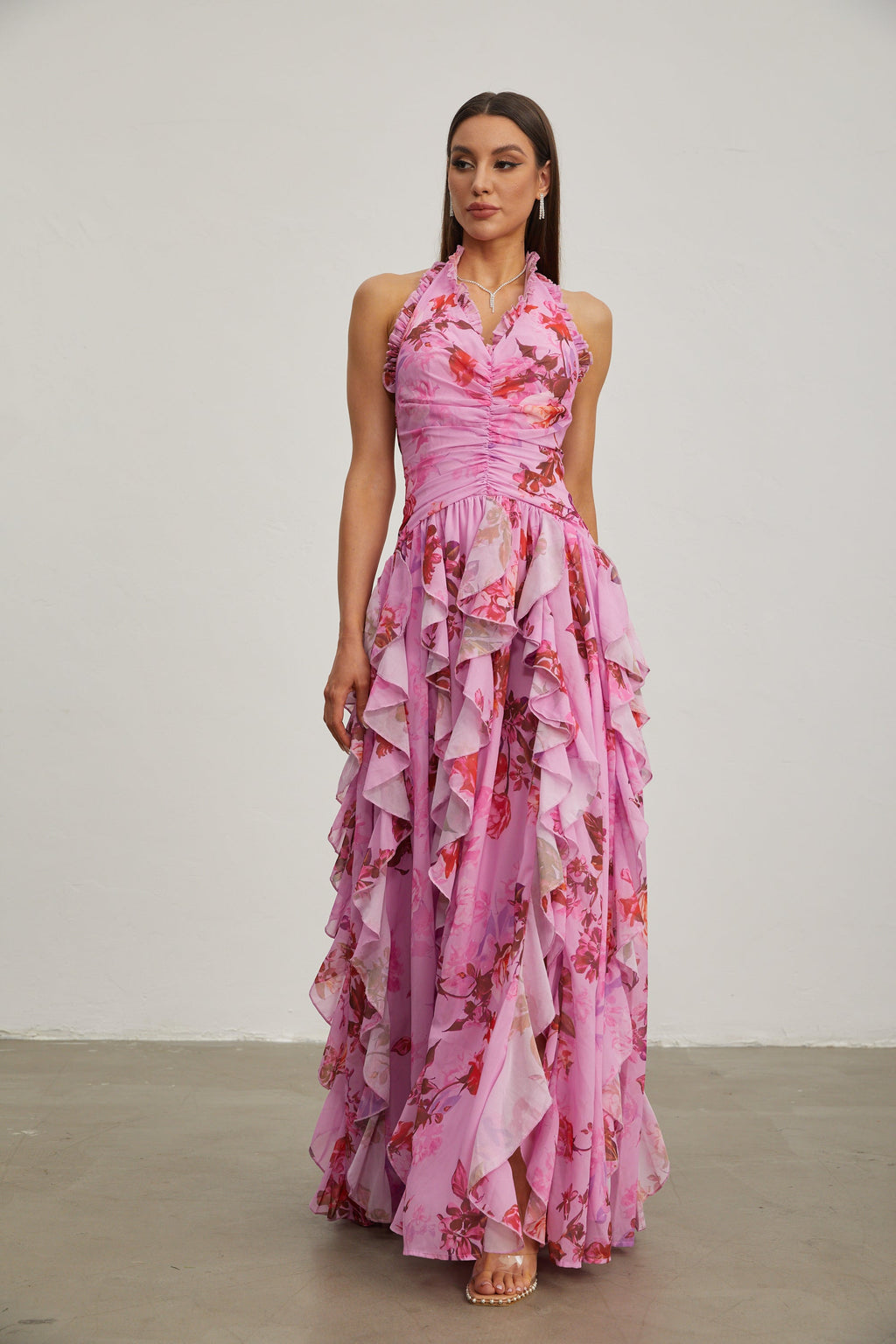Eulalie Pembe Yaprak Volanlı Halter Maxi Elbise