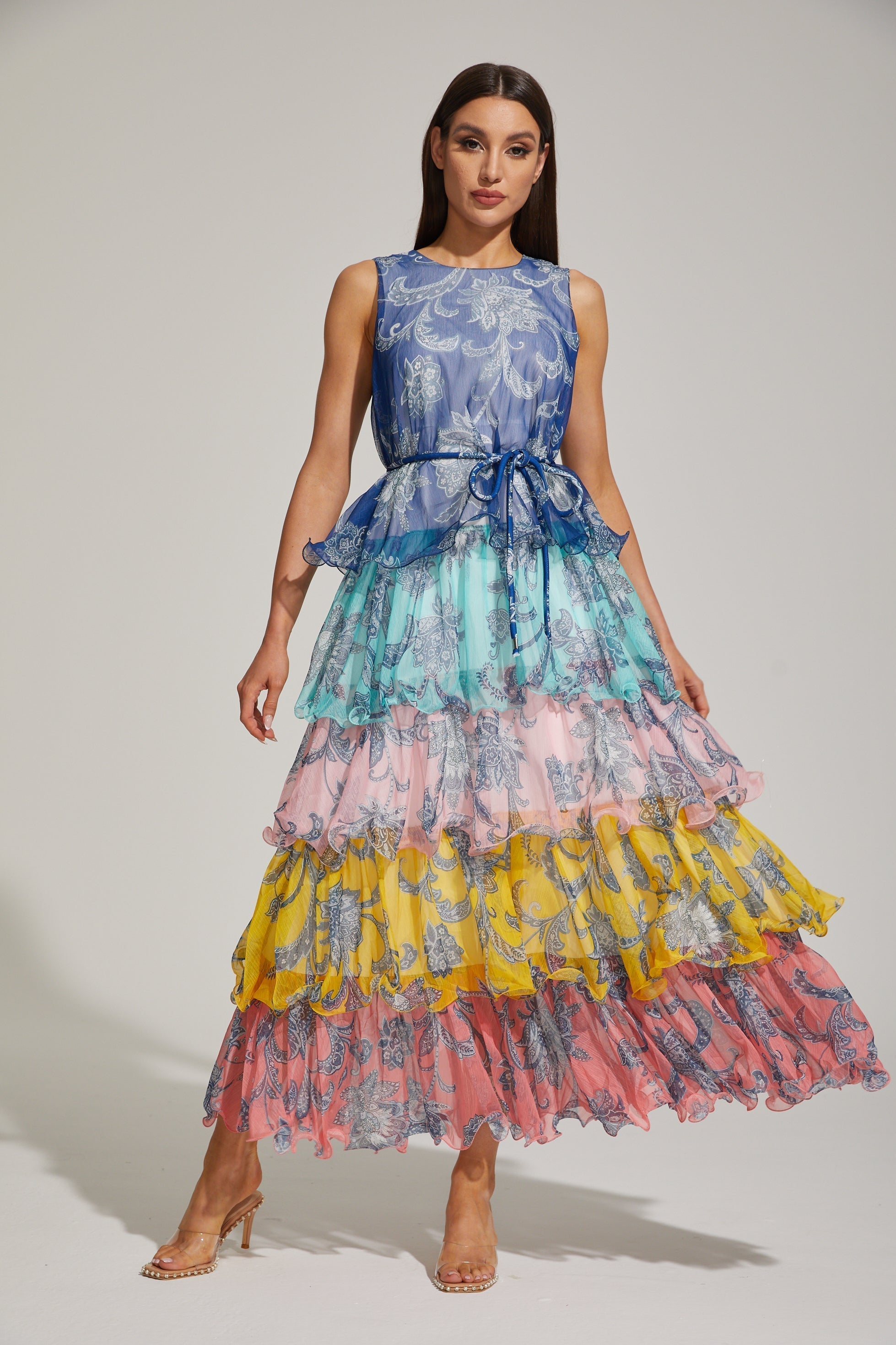 Janique Rainbow Paisley Ruffled Maxi Elbise