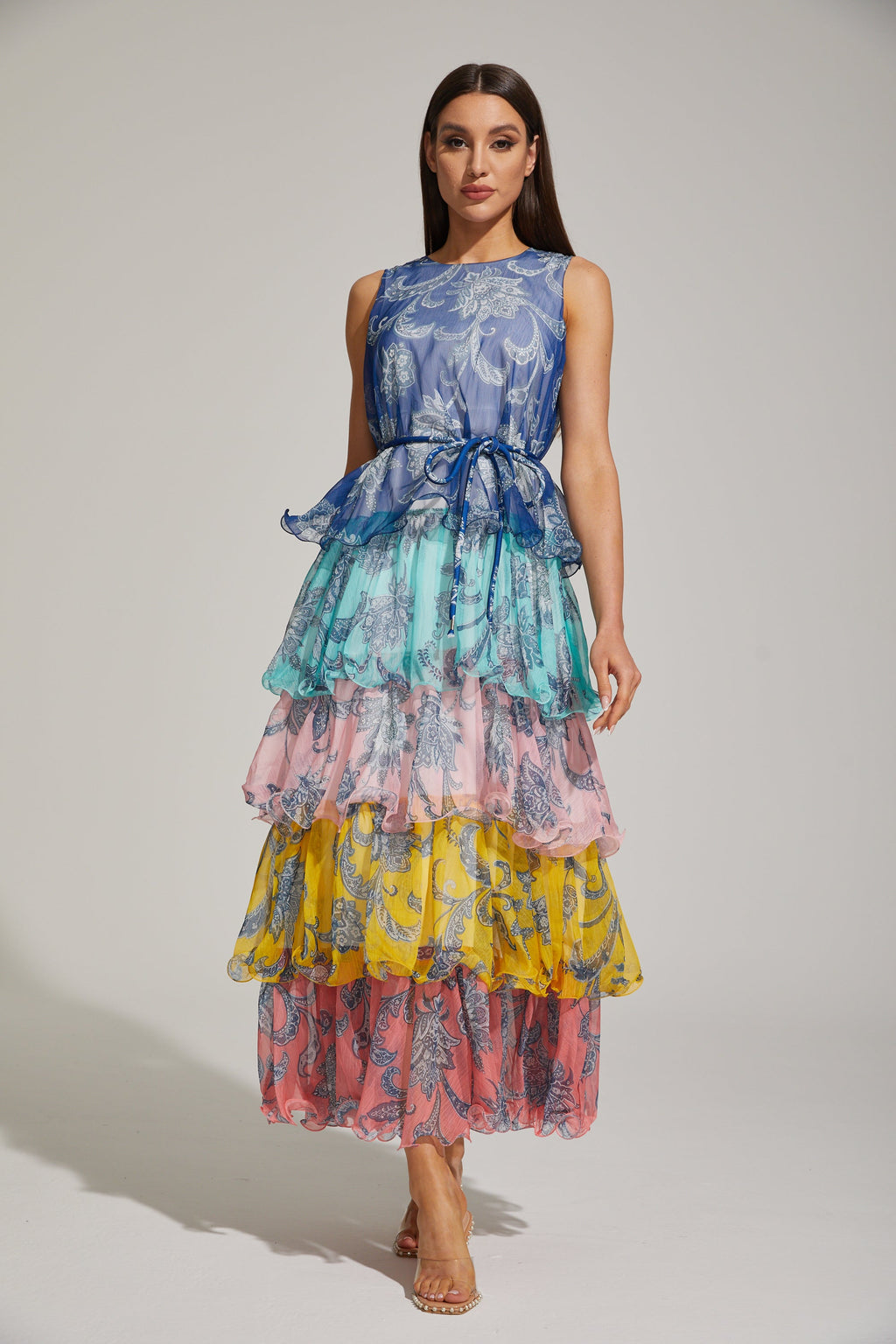 Janique Rainbow Paisley Ruffled Maxi Elbise