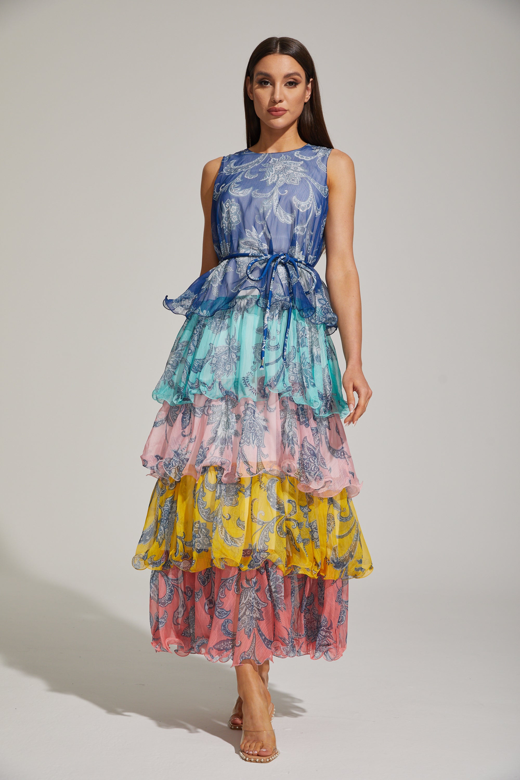 Janique Rainbow Paisley Ruffled Maxi Elbise