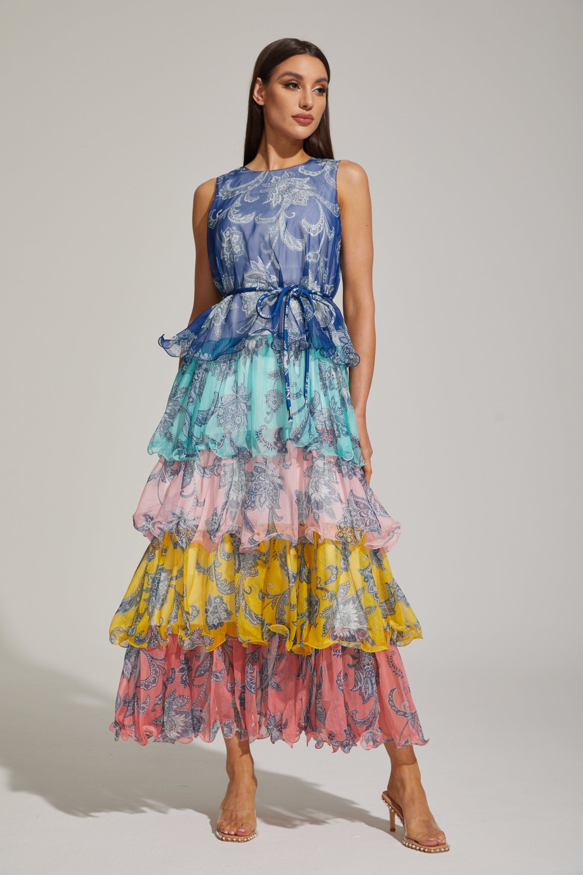Janique Rainbow Paisley Ruffled Maxi Elbise