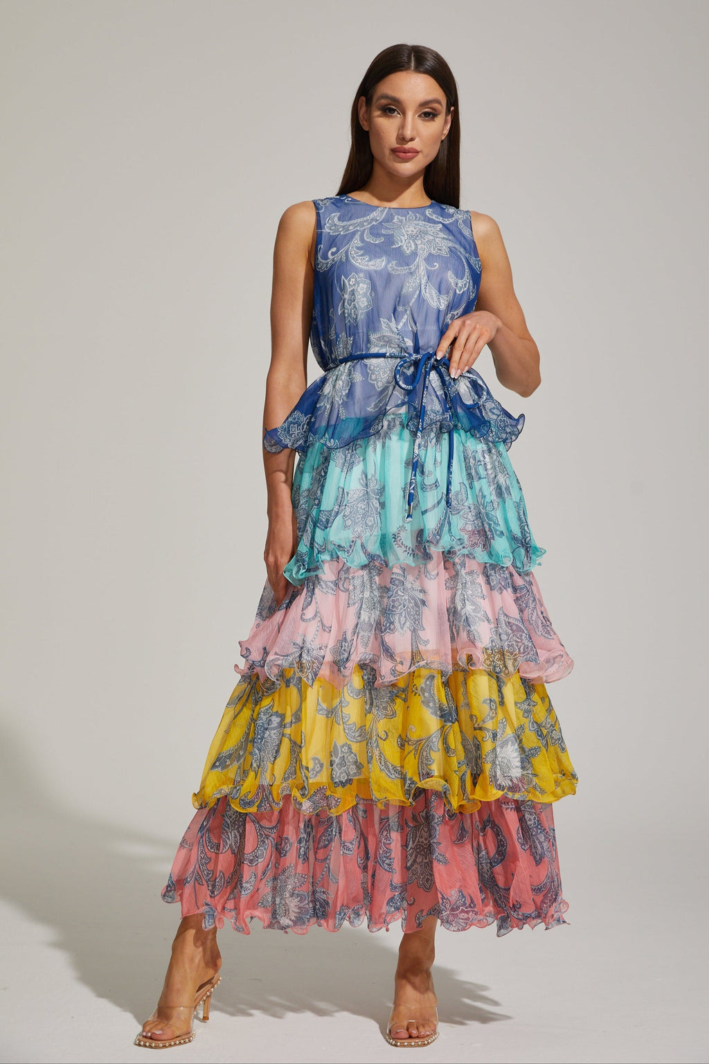 Janique Rainbow Paisley Ruffled Maxi Elbise