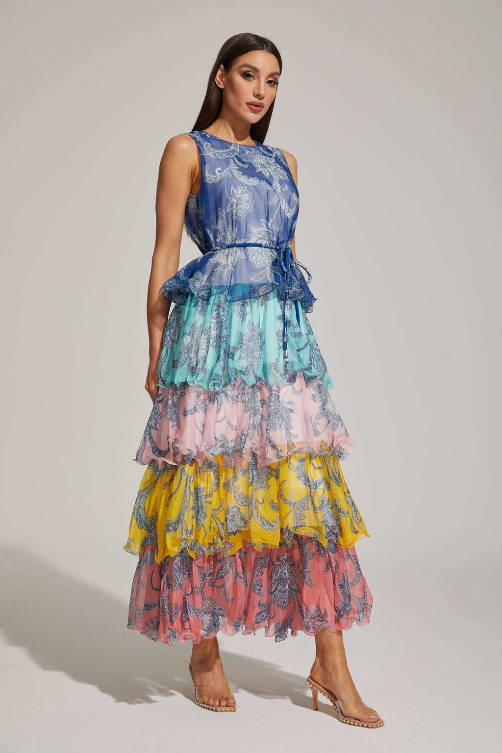Janique Rainbow Paisley Ruffled Maxi Elbise