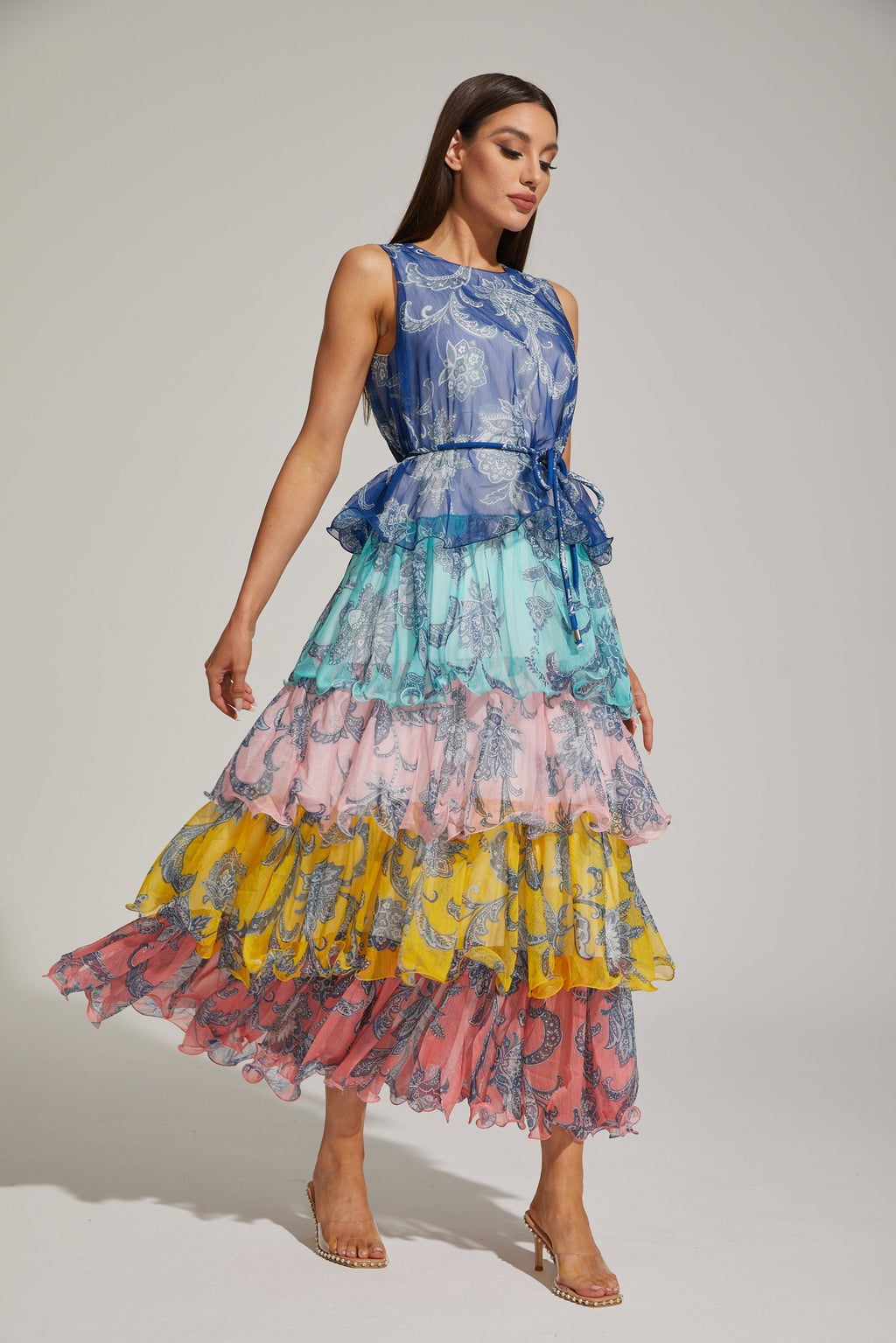 Janique Rainbow Paisley Ruffled Maxi Elbise