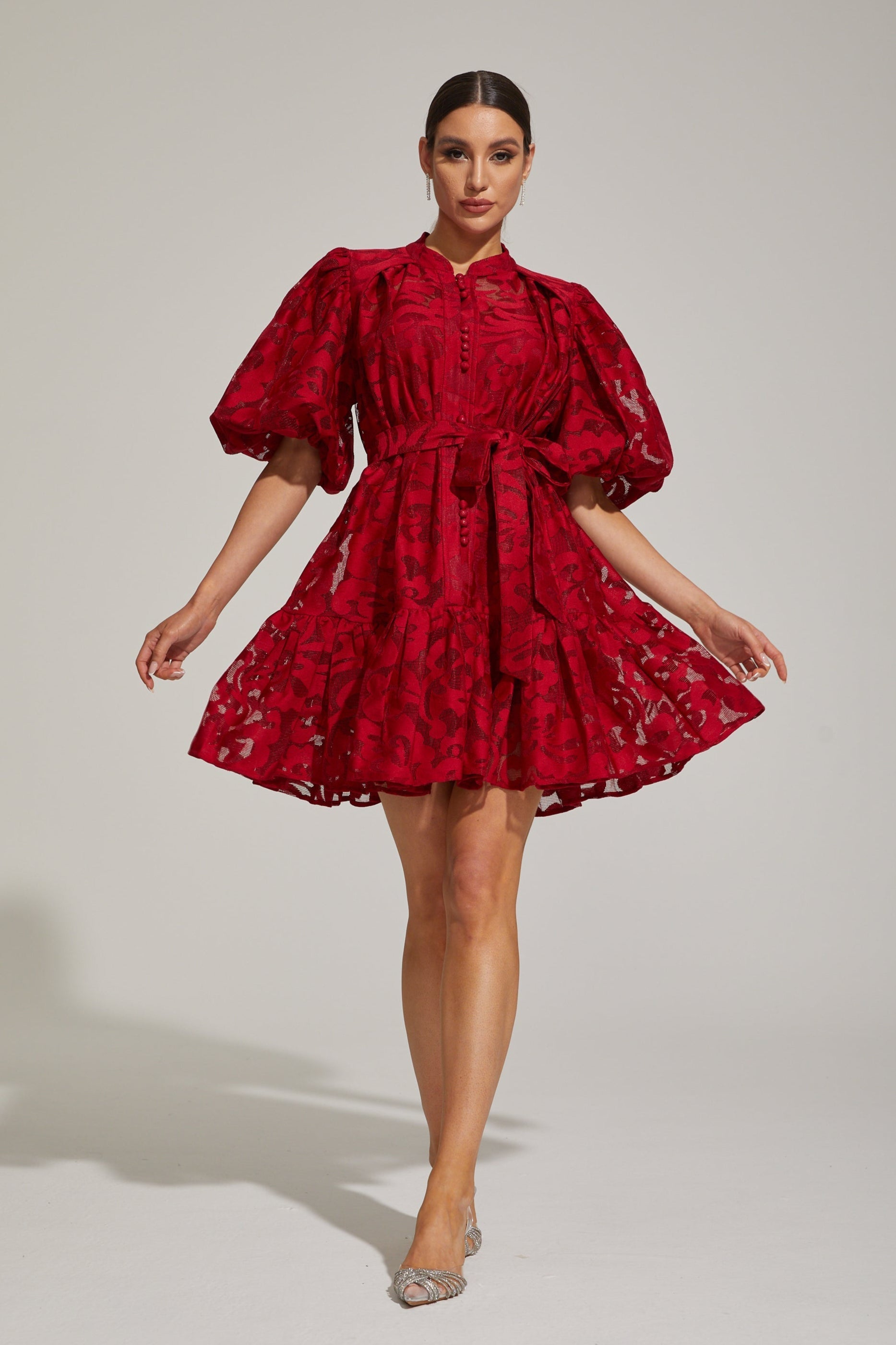 Tatienne Kırmızı Çiçekli Kuşaklı Mini Elbise