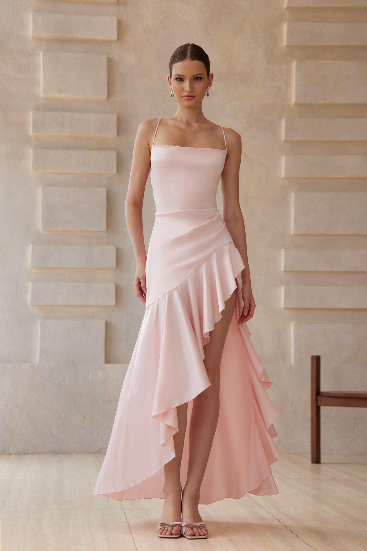 Léna Asimetrik Saten Midi Elbise Pembe