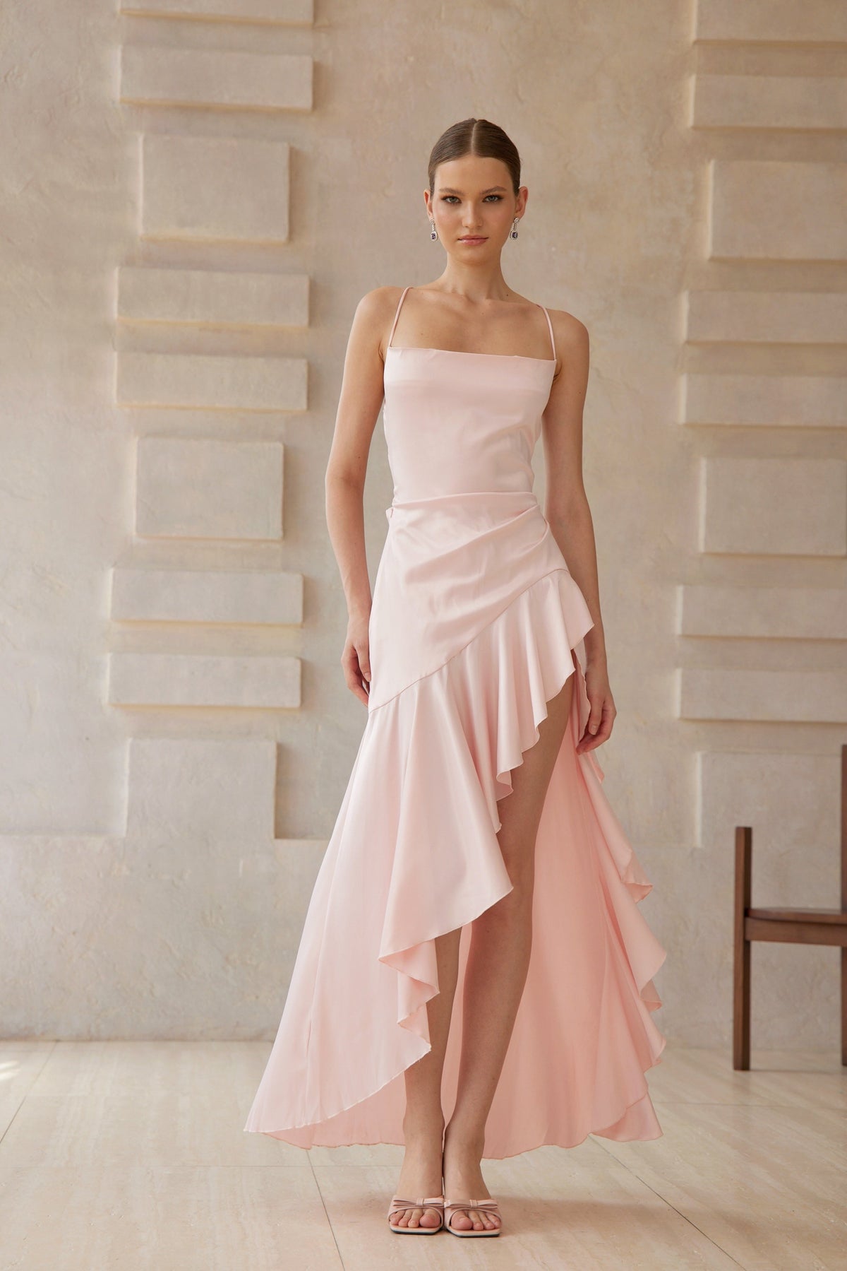 Léna Asimetrik Saten Midi Elbise Pembe