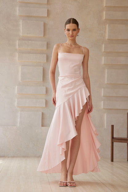 Léna Asimetrik Saten Midi Elbise Pembe
