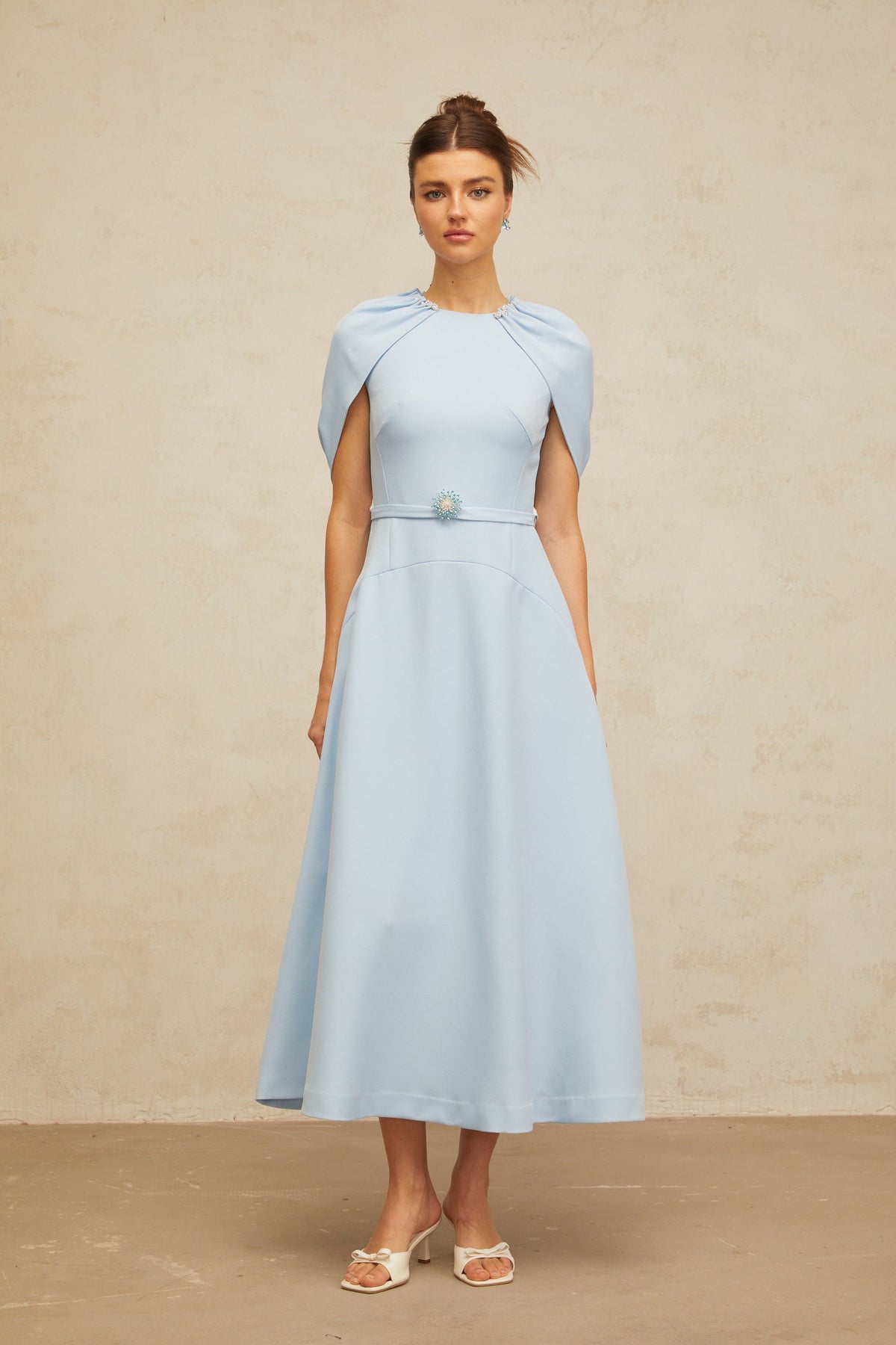 Lina Şal Panelli Taş İşlemeli Midi Elbise Mavi