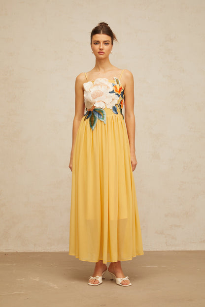 Josette Çiçek İşlemeli Büzgülü Maksi Elbise Sarı