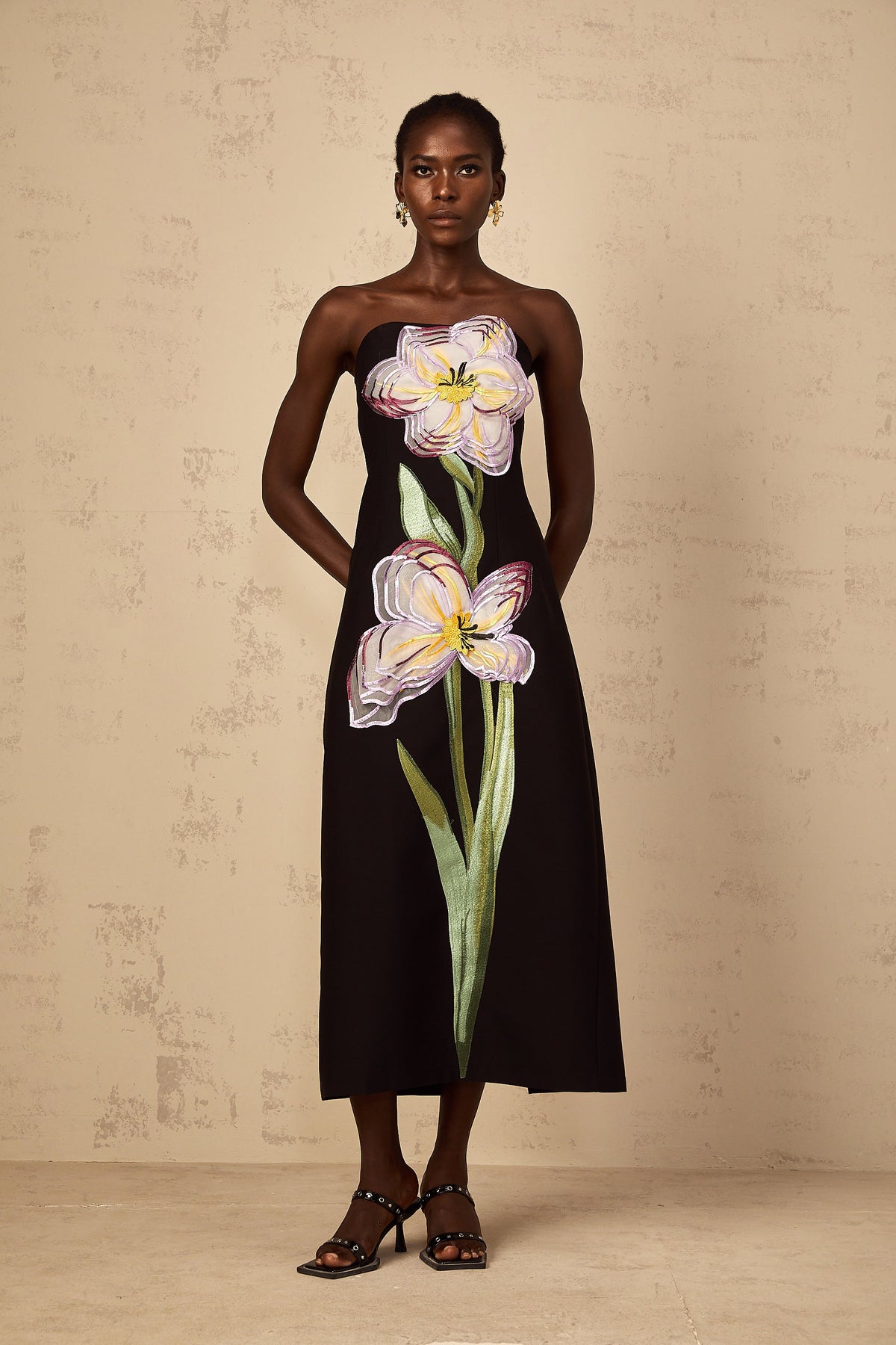 Irène Pul İşlemeli Düşük Omuz Midi Elbise Siyah