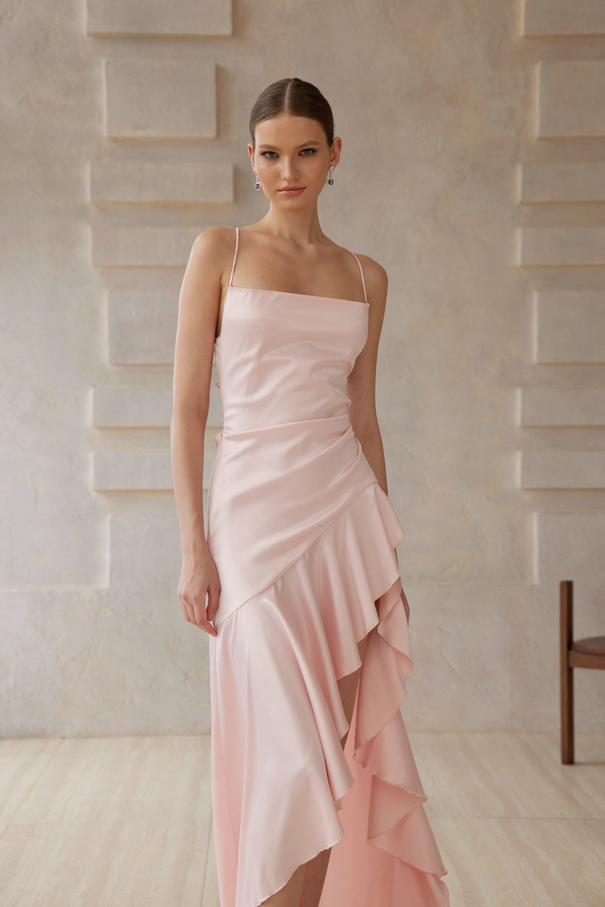 Léna Asimetrik Saten Midi Elbise Pembe