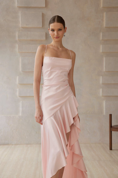 Léna Asimetrik Saten Midi Elbise Pembe