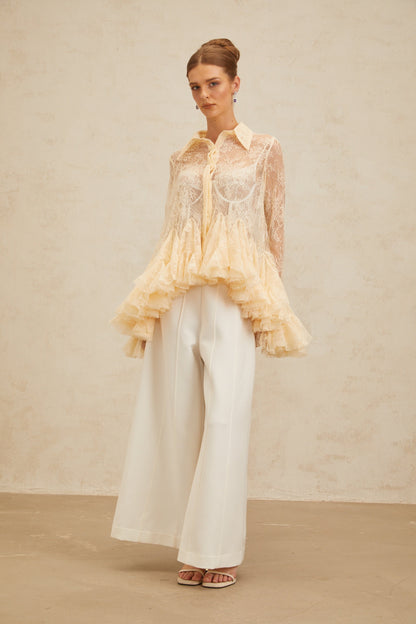 Ingrid Çiçek Desenli Dantel Peplum Bluz Nötr