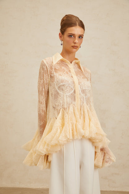 Ingrid Çiçek Desenli Dantel Peplum Bluz Nötr