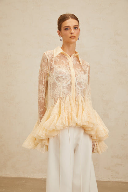Ingrid Çiçek Desenli Dantel Peplum Bluz Nötr