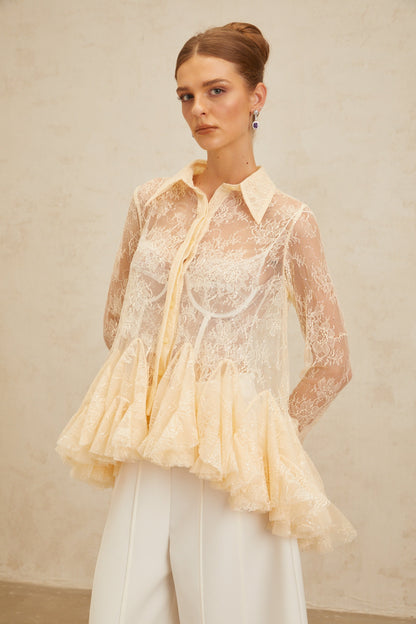 Ingrid Çiçekli Dantel ve Payet Detaylı Peplum Bluz Nötr