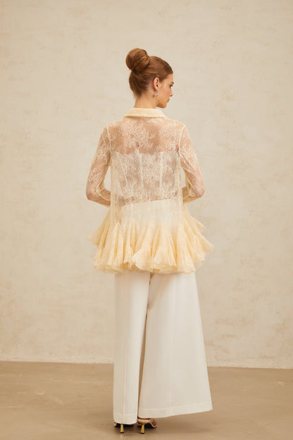 Ingrid Çiçek Desenli Dantel Peplum Bluz Nötr