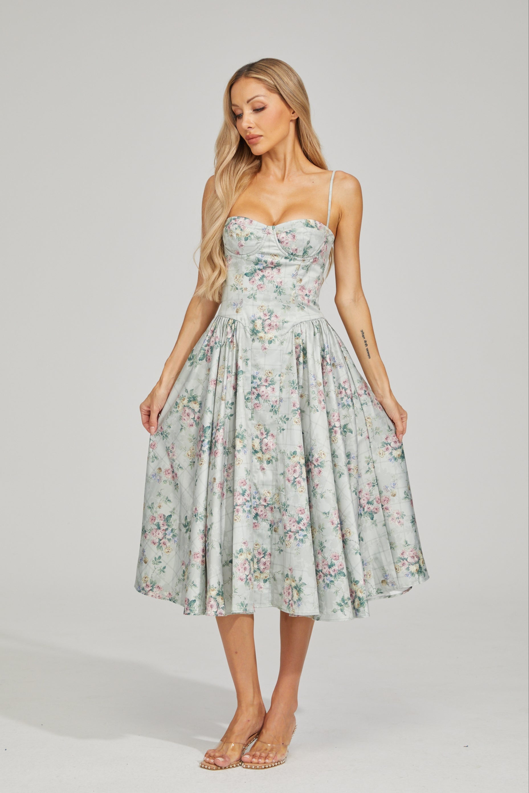 Tinsley Fleur Saten Midi Elbise