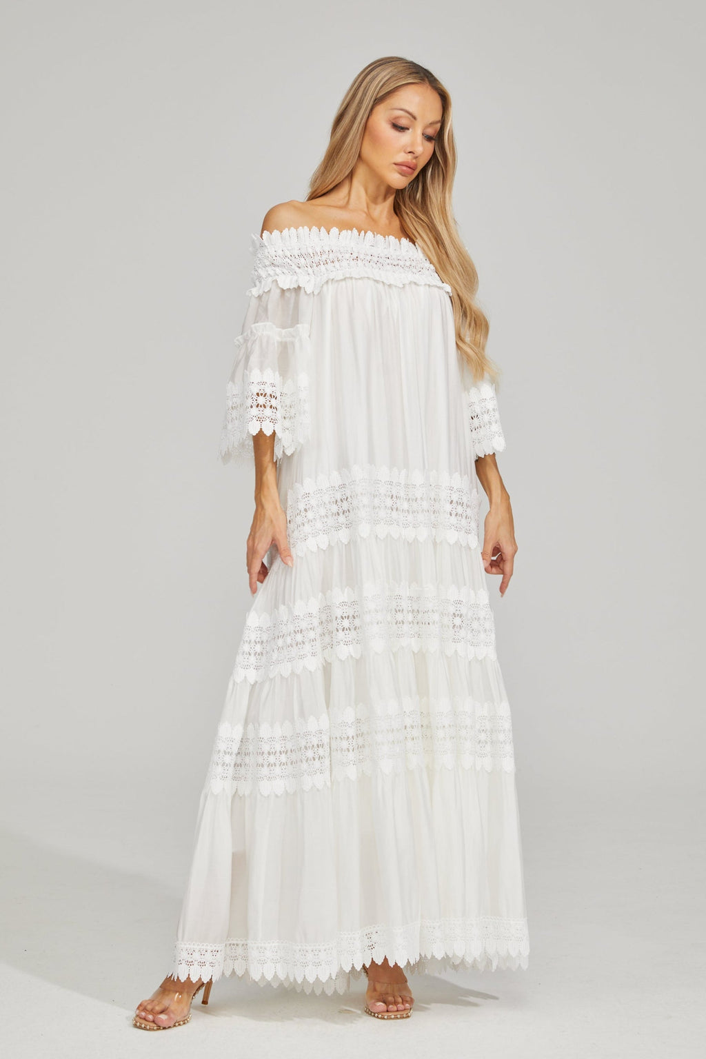 Rainaude Off-Shoulder Dantel Maxi Elbise