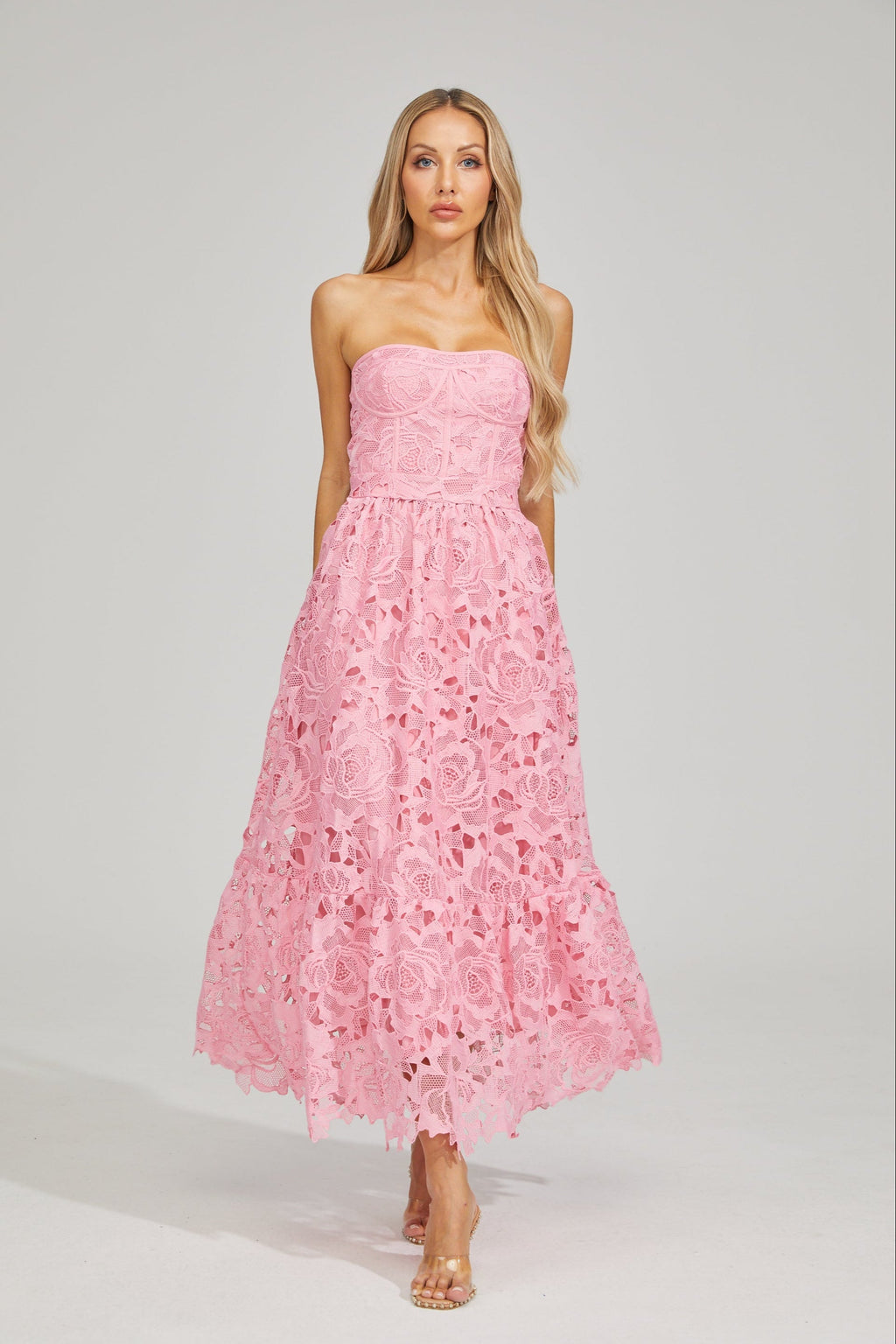 Selene Rosalie Dantel Straplez Midi Elbise