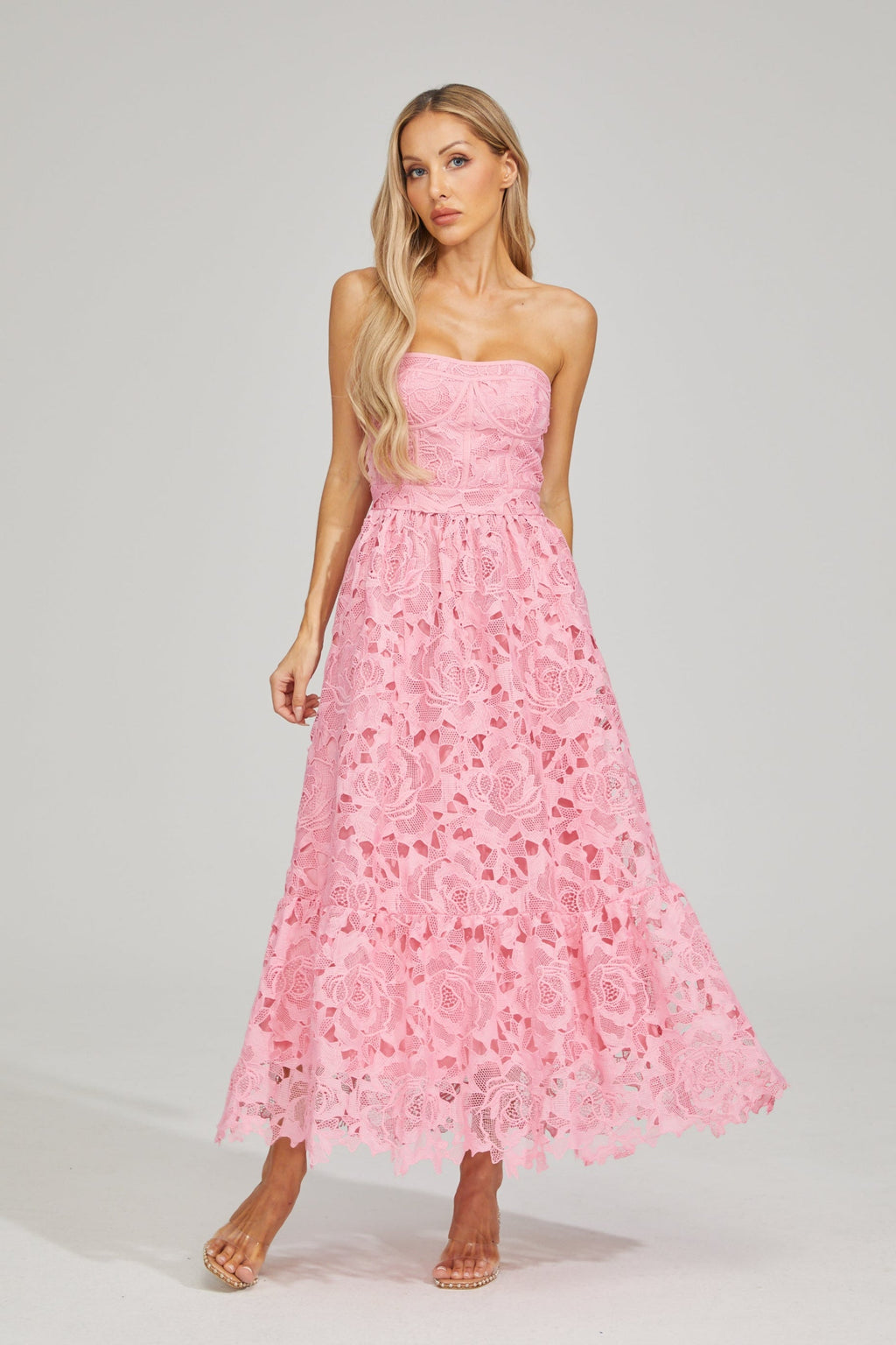 Selene Rosalie Dantel Straplez Midi Elbise