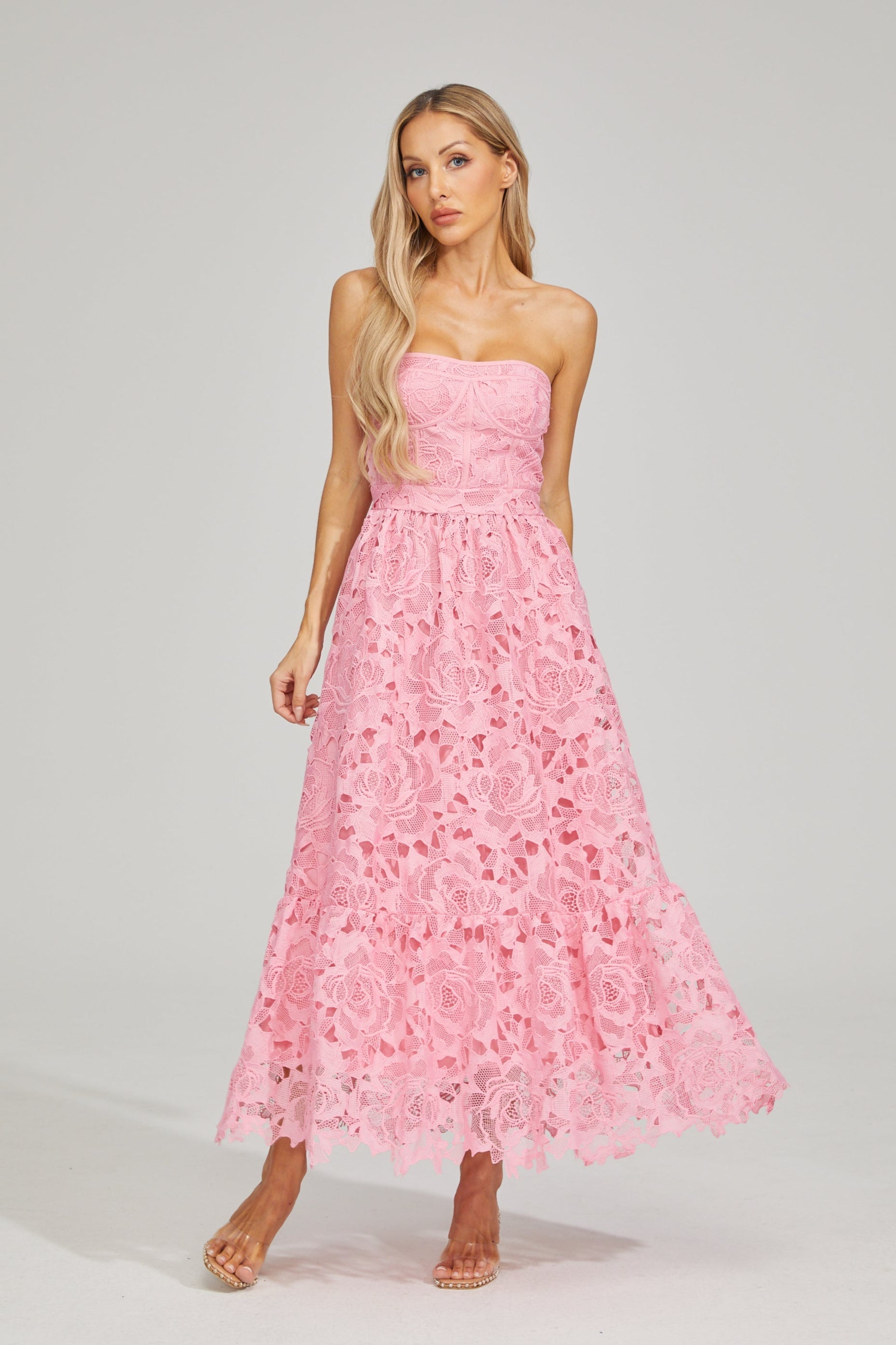 Selene Rosalie Dantel Straplez Midi Elbise