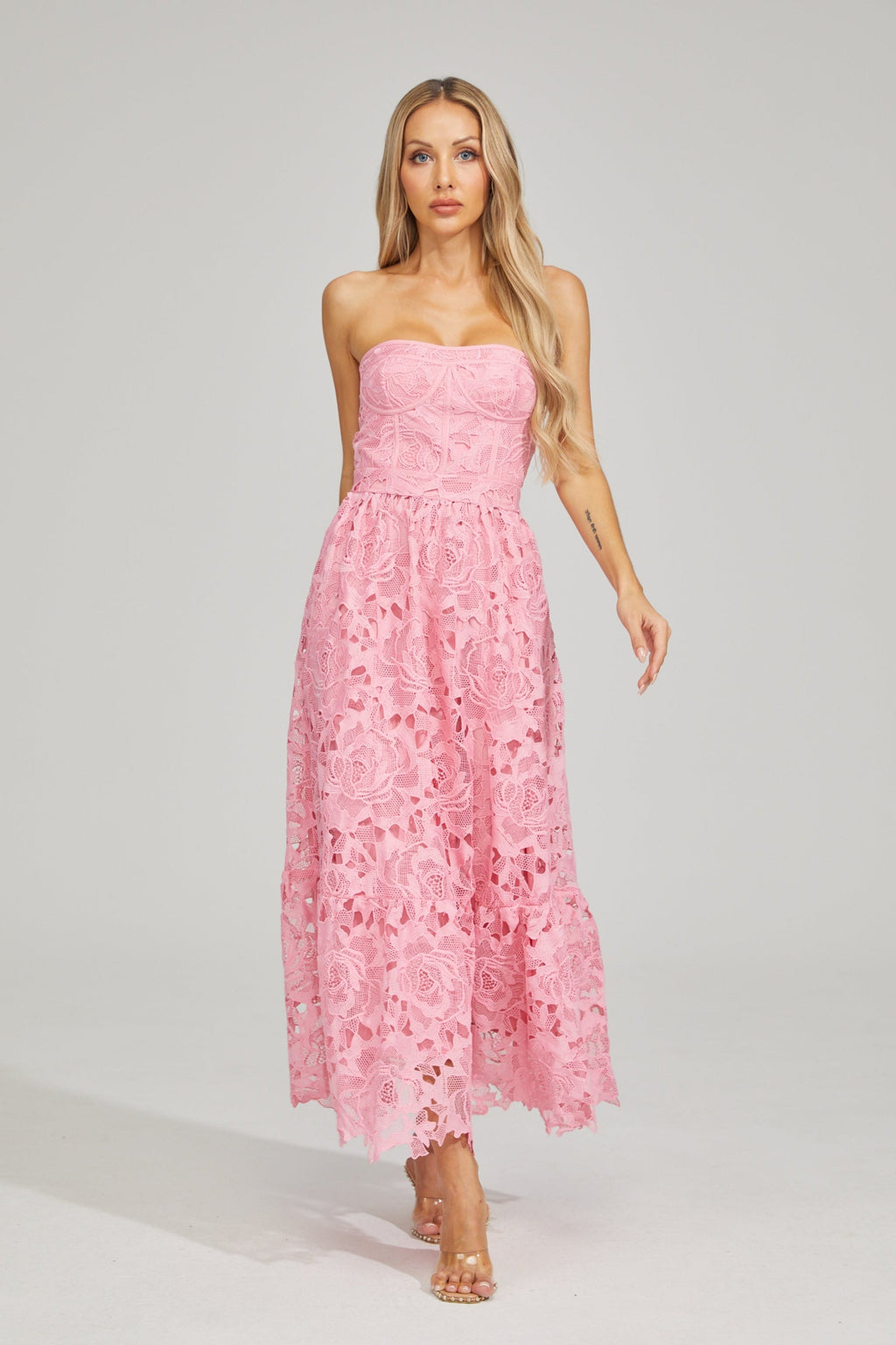 Selene Rosalie Dantel Straplez Midi Elbise