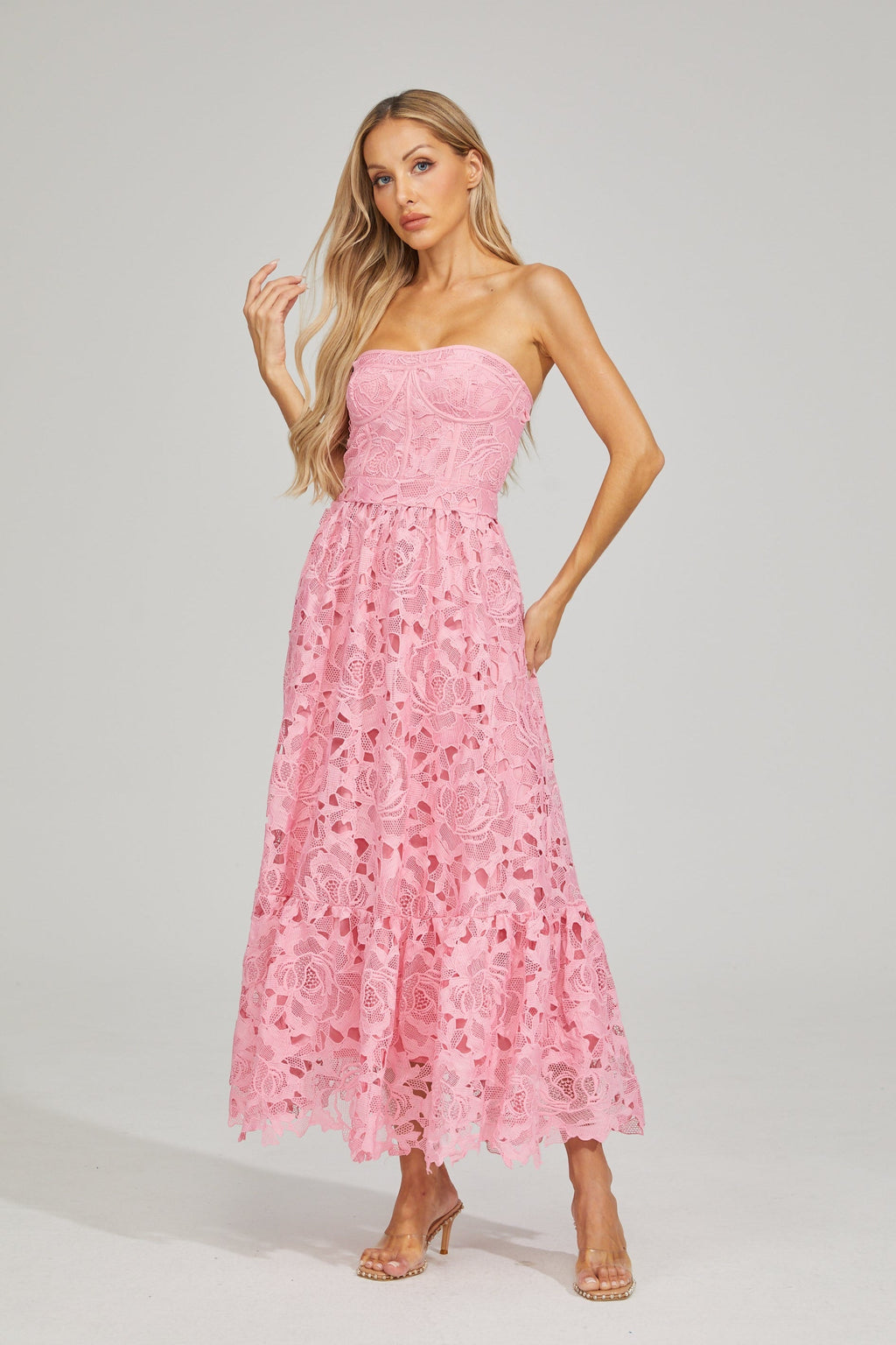 Selene Rosalie Dantel Straplez Midi Elbise