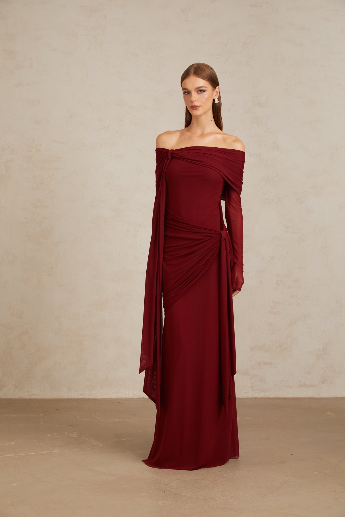 Juniper Düşük Omuzlu Drape Detaylı Maksi Elbise Kırmızı