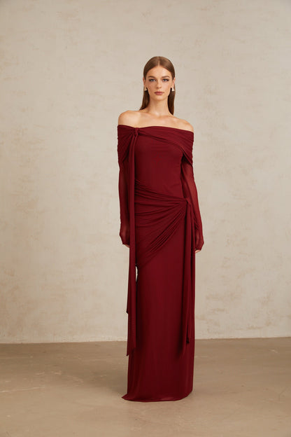 Juniper Düşük Omuzlu Drape Detaylı Maksi Elbise Kırmızı