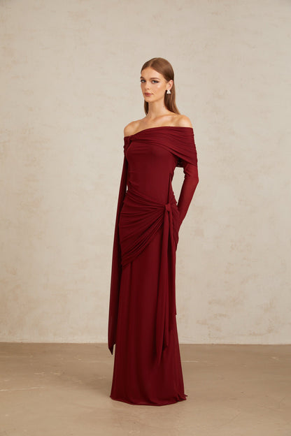 Juniper Düşük Omuzlu Drape Detaylı Maksi Elbise Kırmızı