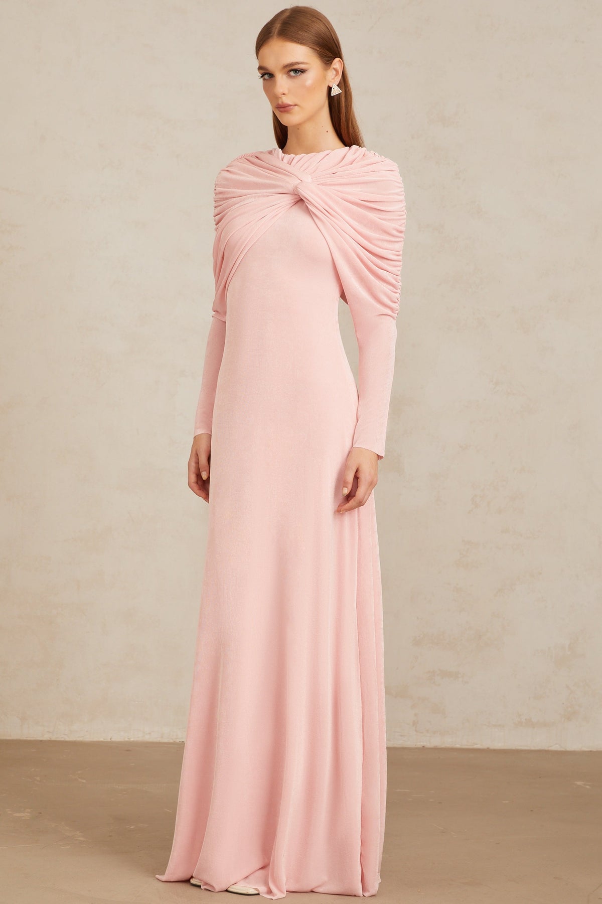 Moderne Şal Panel Büzgülü Maksi Elbise Pembe