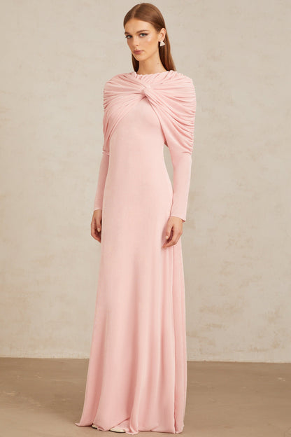Moderne Şal Panel Büzgülü Maksi Elbise Pembe
