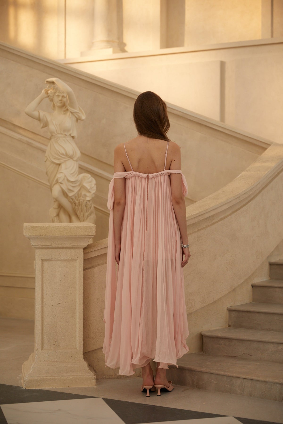 Agathe Örgü Detaylı Pileli Maksi Elbise Pembe
