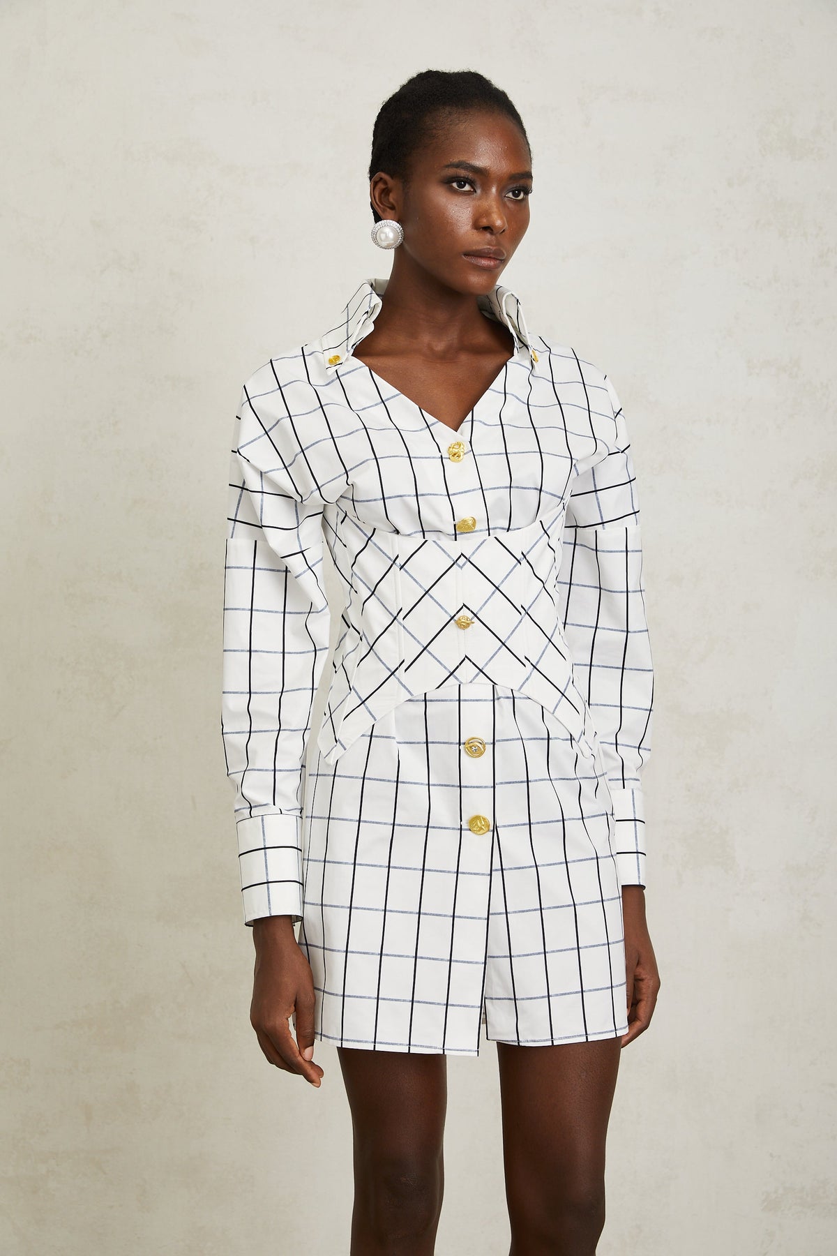 Quintina Kareli Mini Gömlek Elbise Beyaz